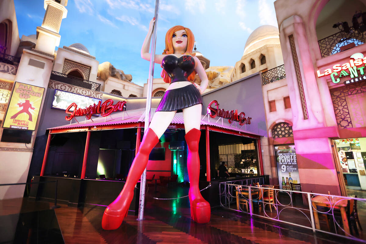 The Sin City Sindy statue is seen outside of the Showgirl Bar and V Theater at the Miracle Mile ...