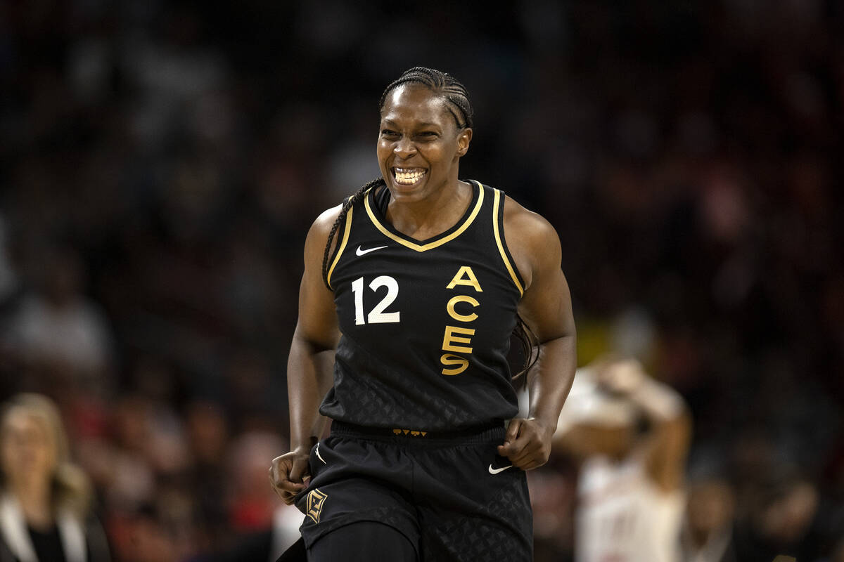 Las Vegas Aces guard Chelsea Gray (12) reacts to a missed shot during the first half of a WNBA ...