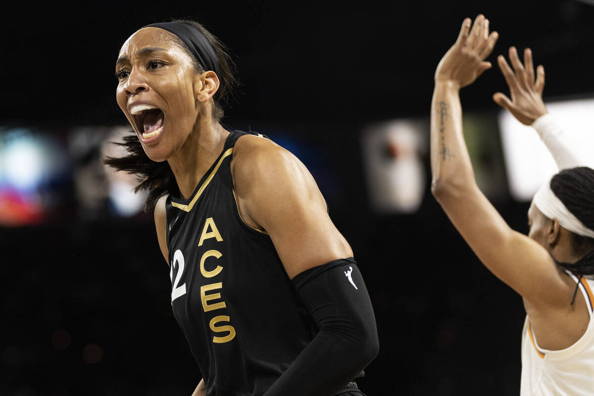 Las Vegas Aces forward A'ja Wilson (22) reacts to a foul called on the Phoenix Mercury during t ...