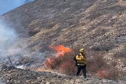 Crews battle the Bronco Fire near Cajon Pass in California on Wednesday, Aug. 17, 2022. (Caltra ...