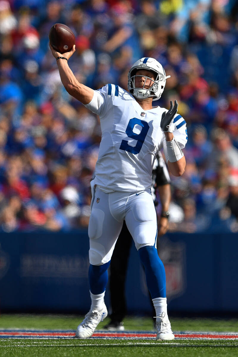 Indianapolis Colts quarterback Nick Foles throws a pass during the first half of a preseason NF ...