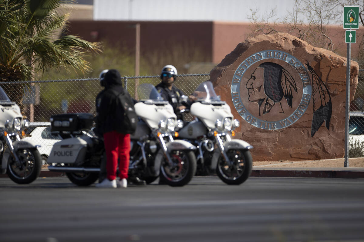 Police investigate a shooting at Western High School in Las Vegas on Tuesday, March 29, 2022. W ...