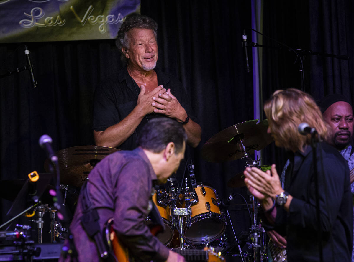 Drummer Johnny Friday of the Santa Fe & The Fat City Horns is acknowledged during a perform ...