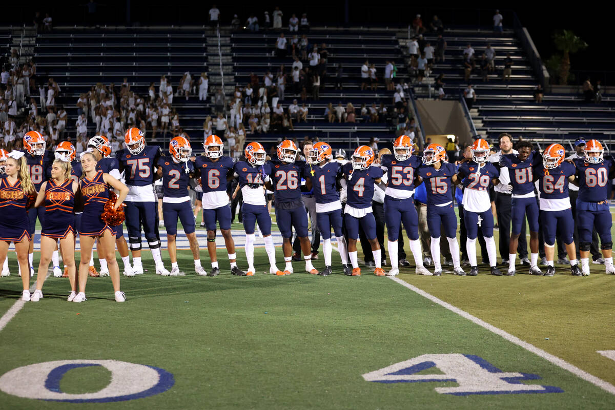 Bishop Gorman players celebrate their win over Corner Canyon 42-7 during a football game at Bis ...