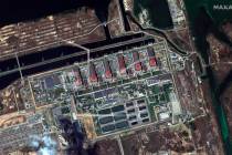 This satellite image provided by Maxar Technologies shows the Zaporizhzhia nuclear plant in Rus ...