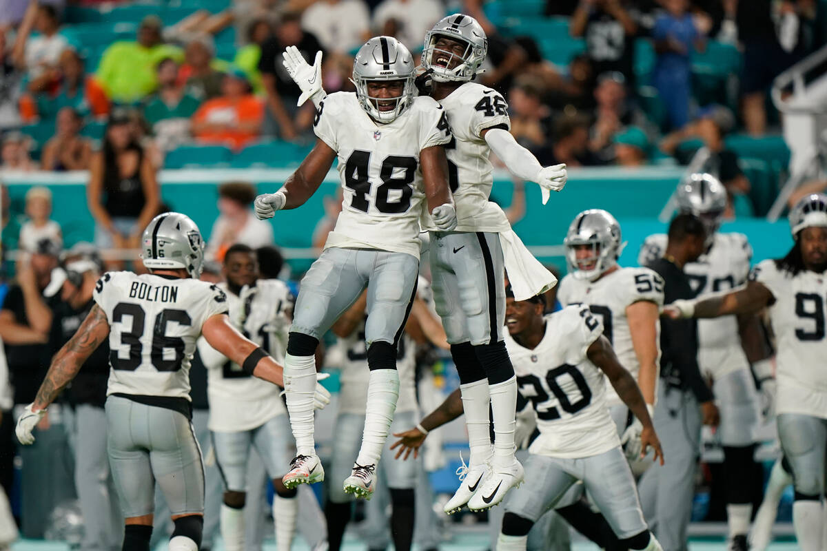 Las Vegas Raiders cornerbacks Sam Webb (48) and Isiah Brown (46) celebrate after the Miami Dolp ...