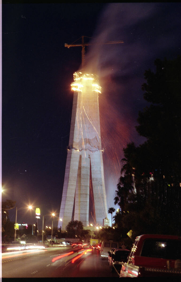 A spectacular three-alarm fire at the Vegas World Stratosphere Tower project that could be seen ...