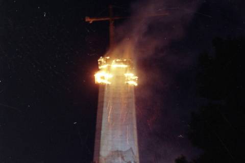A spectacular three-alarm fire at the Vegas World Stratosphere Tower project that could be seen ...