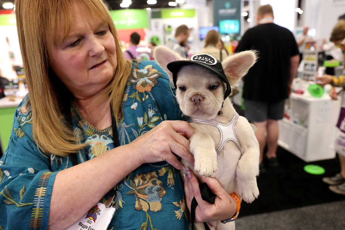 Maggie Evans of Phoenix with fluffy French bulldog Mazzie during the SuperZoo pet industry trad ...