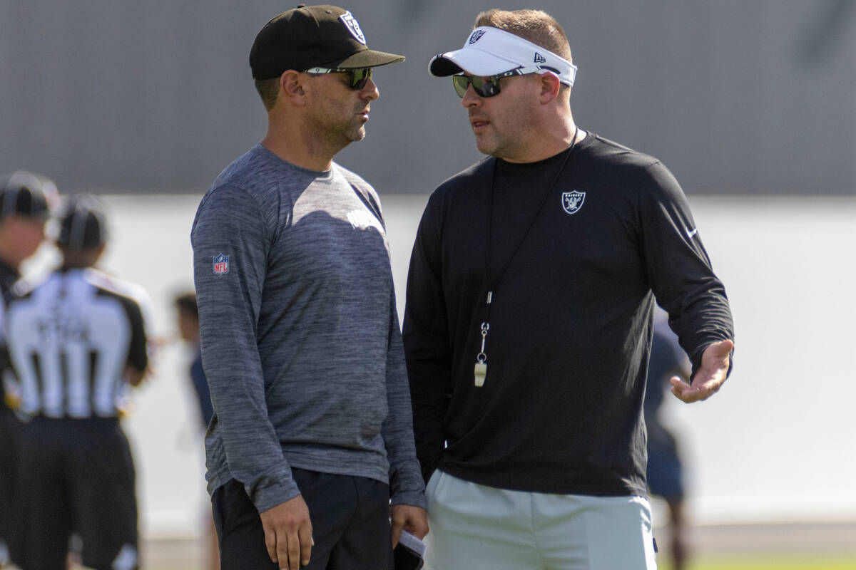 Raiders general manager Dave Ziegler, left, and head coach Josh McDaniels during the team&#x201 ...