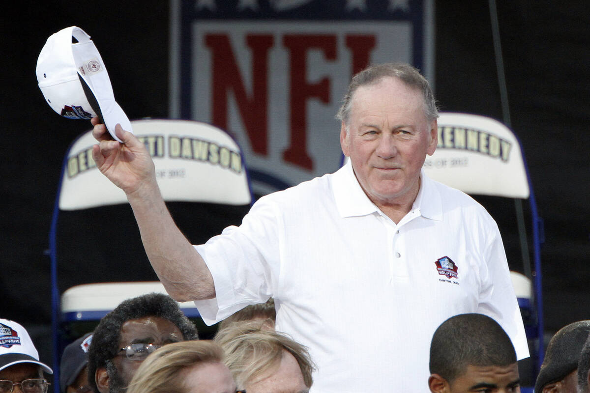 FILE - In this Aug. 4, 2012 file photo, Pro Football Hall of Fame member Len Dawson is introduc ...