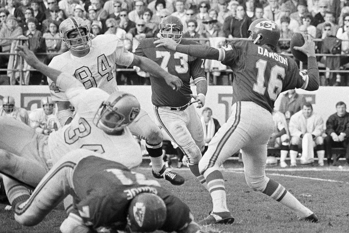 FILE - Kansas City Chiefs quarterback Len Dawson gets ready to launch a pass during an NFL foot ...