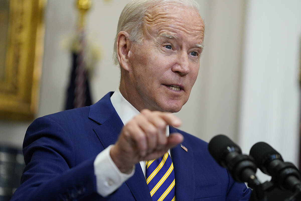 President Joe Biden speaks about student loan debt forgiveness in the Roosevelt Room of the Whi ...