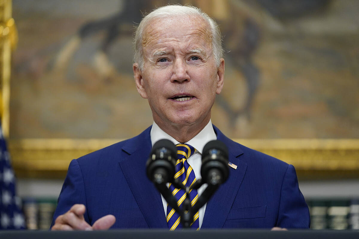 President Joe Biden speaks about student loan debt forgiveness in the Roosevelt Room of the Whi ...