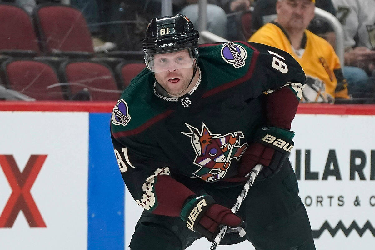 Arizona Coyotes' Phil Kessel (81) skates up ice during their NHL hockey game against the Pittsb ...