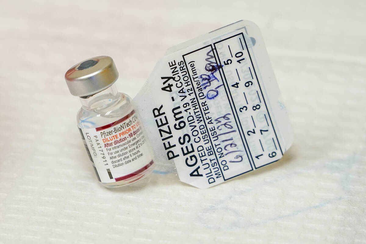 A vial of the Pfizer COVID-19 vaccine for children 6 months through 4 years old is seen June 21 ...