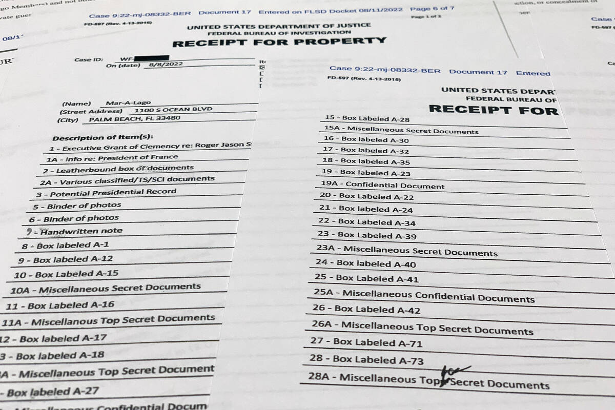 The receipt for property that was seized during the execution of a search warrant by the FBI at ...