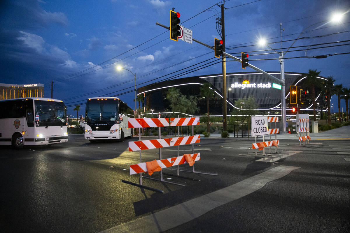 Road barricades close traffic to Hacienda Avenue at Polaris Avenue in advance of a concert at A ...