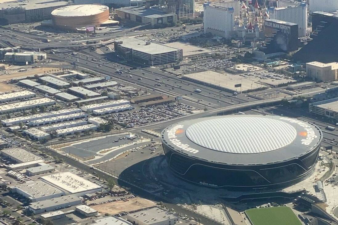 Allegiant Stadium with Interstate 15 and the Tropicana Avenue interchange in the distance on Ju ...