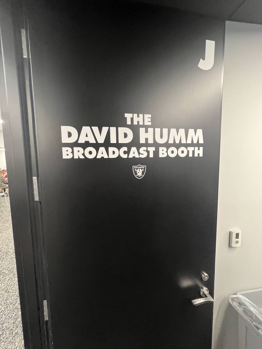 The door of David Humm Broadcast Booth at Allegiant Stadium is shown on Friday, Aug. 26, 2022. ...