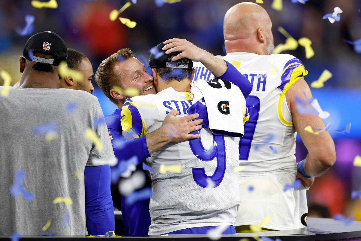 Los Angeles Rams head coach Sean McVay and quarterback Matthew Stafford (9) celebrate after win ...