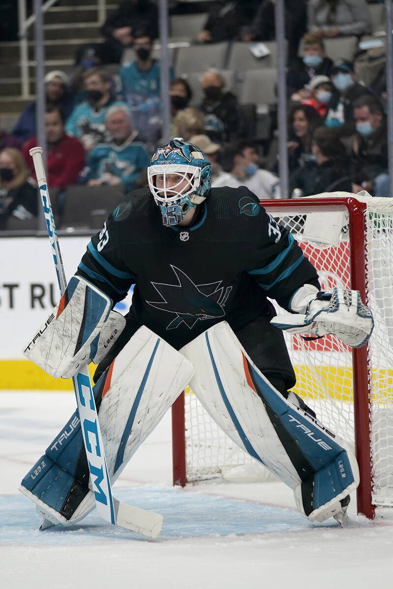 San Jose Sharks goaltender Adin Hill during an NHL hockey game against the New York Rangers in ...