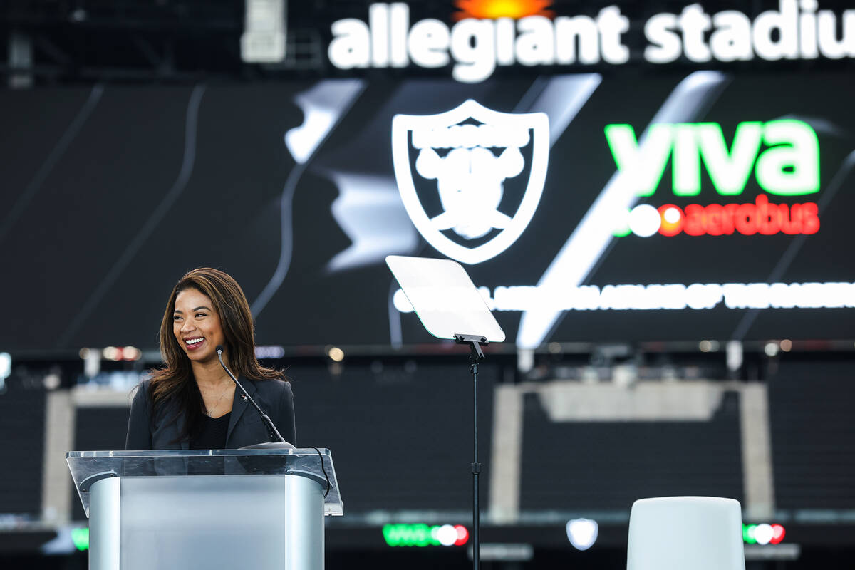 Raiders President Sandra Morgan addresses the crowd at an event to announce Viva Aerobus Airlin ...