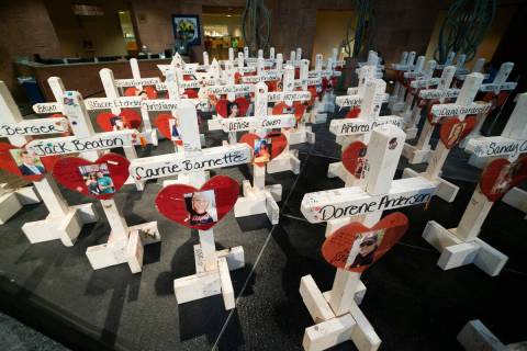 This Sept. 17, 2018, file photo shows crosses that were previously put up at the Welcome to Las ...