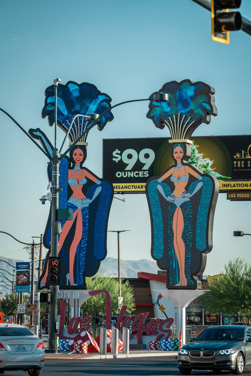 Two brand-new, 50-foot-tall showgirls have been installed on the corner of Main Street and Las ...