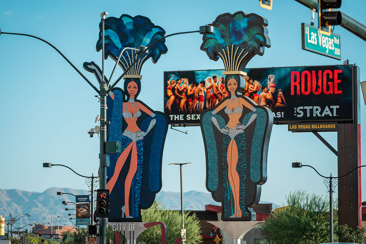 Two brand-new, 50-foot-tall showgirls have been installed on the corner of Main Street and Las ...