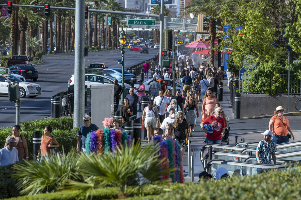 Visitors take to the Las Vegas Strip as Labor Day weekend approaches on Wednesday, Aug. 31, 202 ...