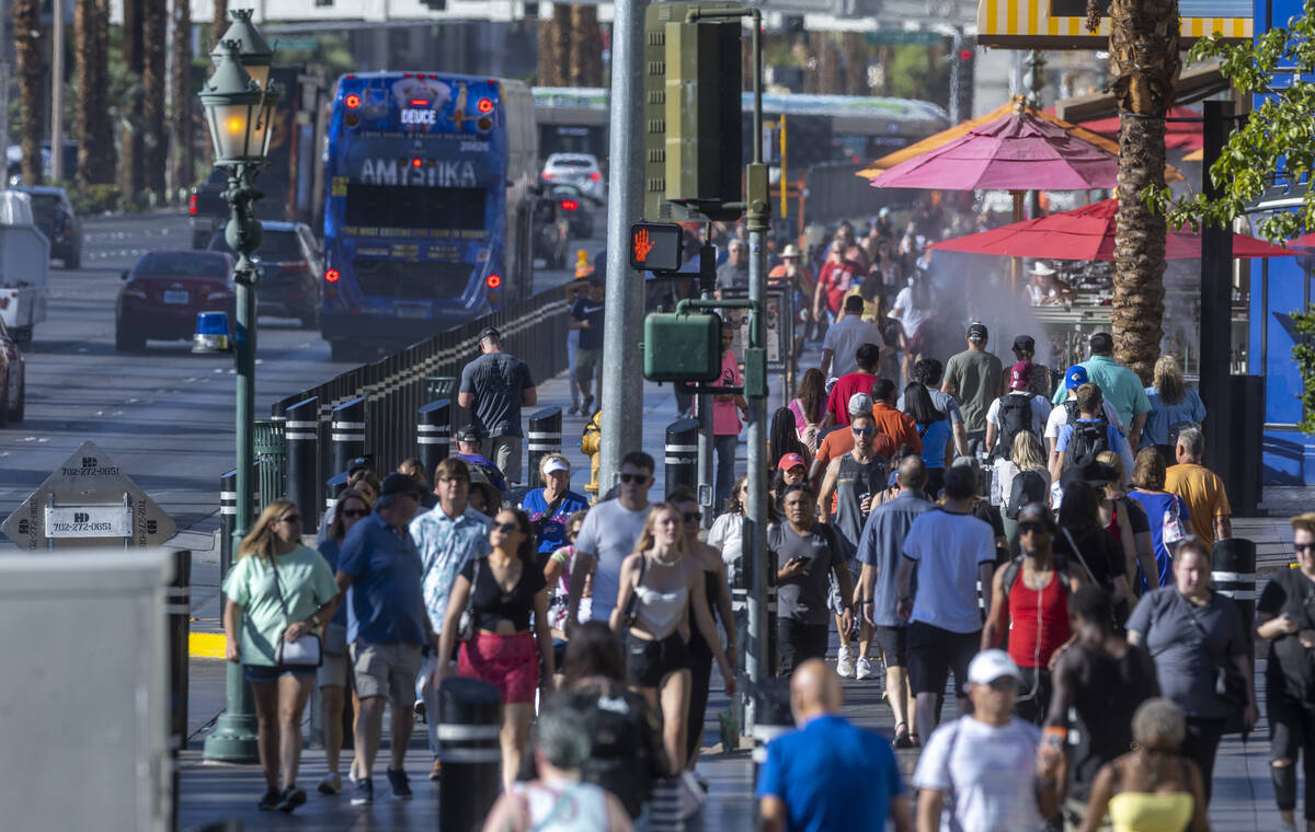 Visitors take to the Las Vegas Strip as Labor Day weekend approaches on Wednesday, Aug. 31, 202 ...