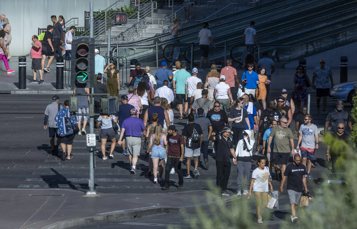 Visitors take to the Las Vegas Strip as Labor Day weekend approaches on Wednesday, Aug. 31, 202 ...