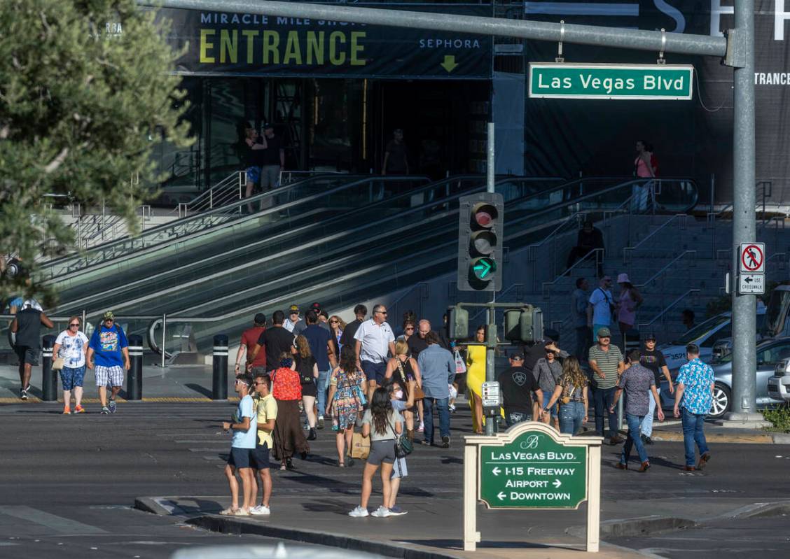 Visitors take to the Las Vegas Strip as Labor Day weekend approaches on Wednesday, Aug. 31, 202 ...