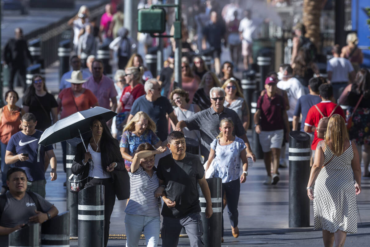 Visitors take to the Las Vegas Strip as Labor Day weekend approaches on Wednesday, Aug. 31, 202 ...