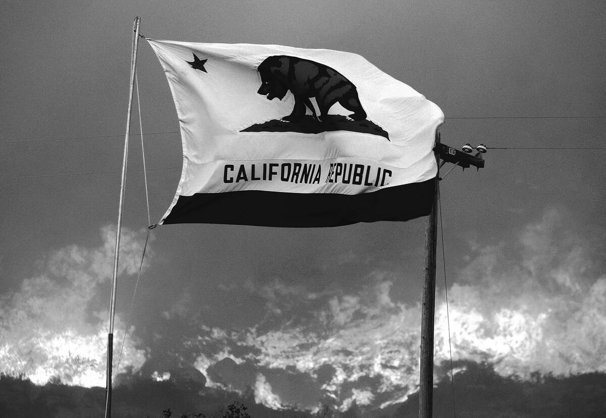 The California state flag flies next to a home on Highway 94 south Potrero, Calif., on Monday, ...