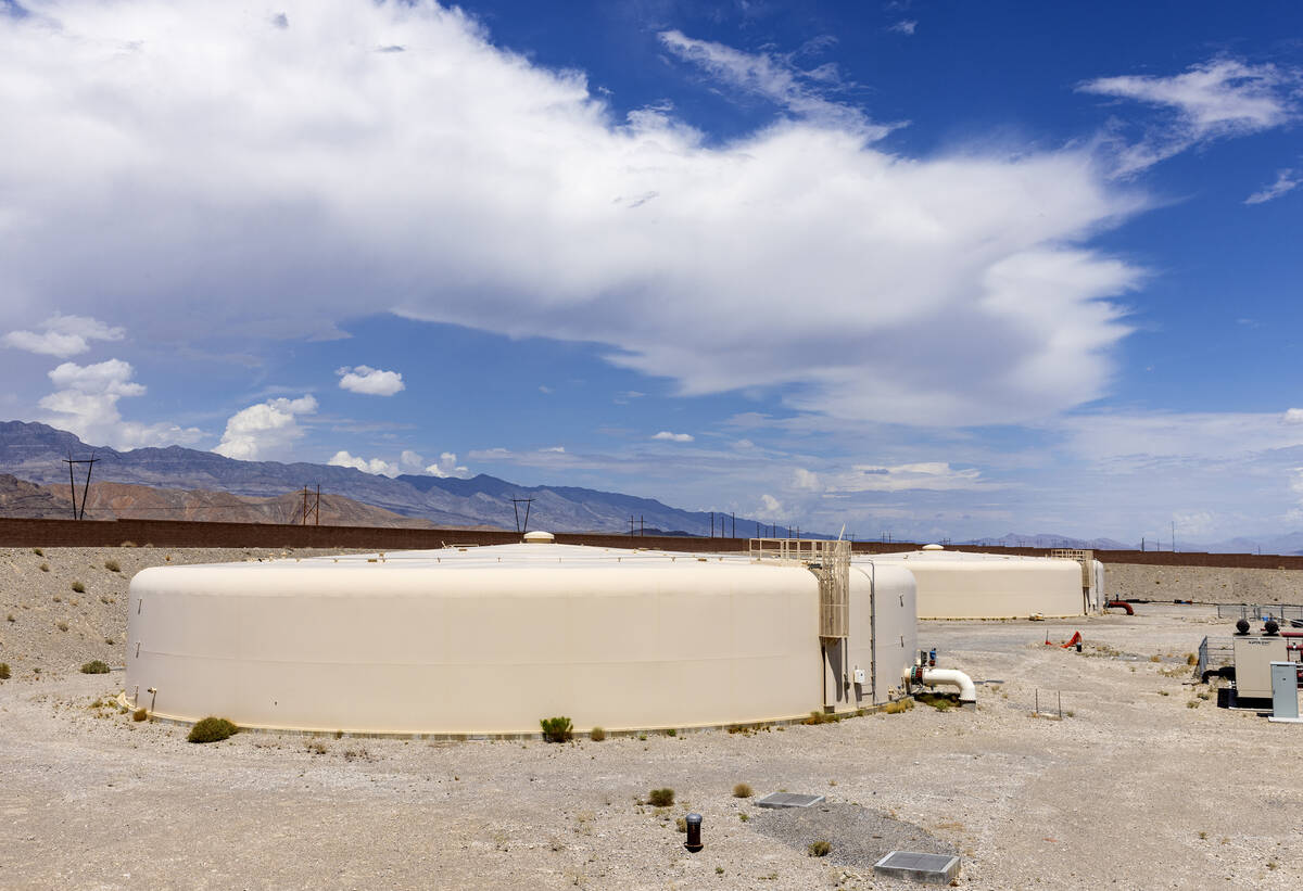 Two 1.5 million-gallon water storage tanks are seen at Coyote Springs Water Treatment Plant on ...