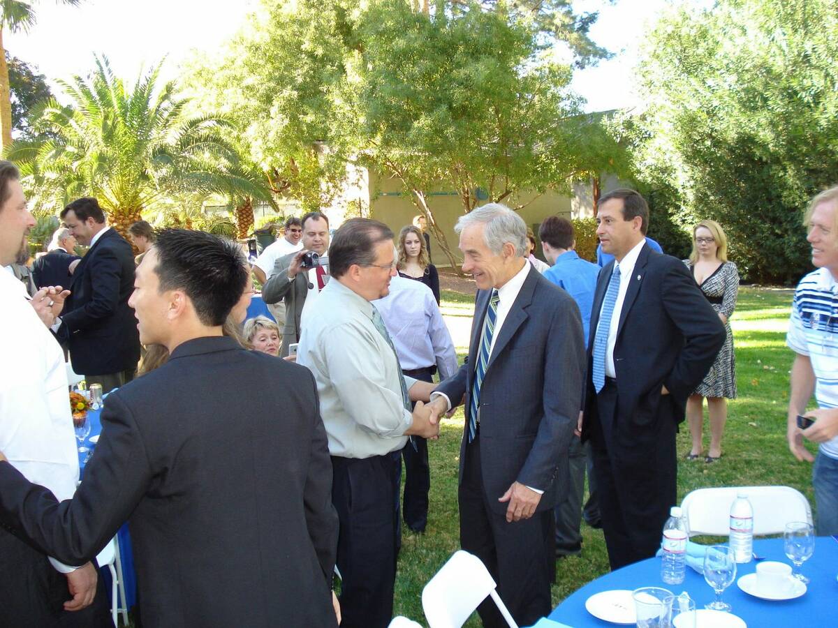 Stewart and Ron Paul in 2008 at a Las Vegas luncheon. (Courtesy Tasha Adams)