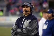 UNR football coach Jay Norvell works the sidelines against New Mexico State in the second half ...