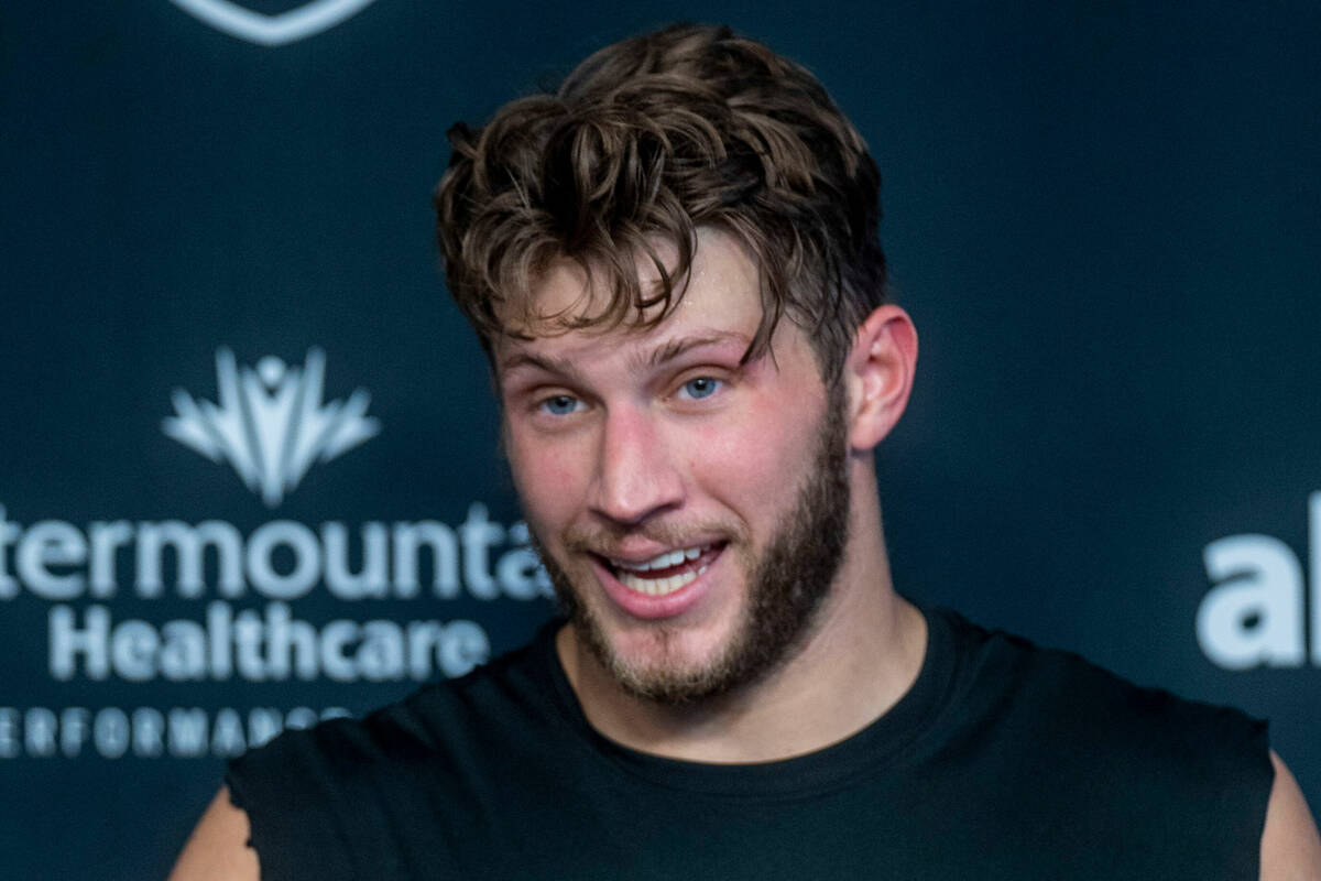 Tight end Foster Moreau (87) speaks in a press conference during the Raiders first practice at ...