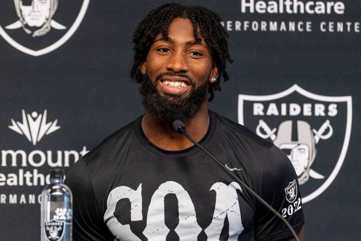 Raiders cornerback Nate Hobbs smiles during a news conference at the Intermountain Healthcare P ...