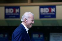 Presidential candidate Joe Biden laughs at a joke he made during a campaign event at Rancho Hig ...