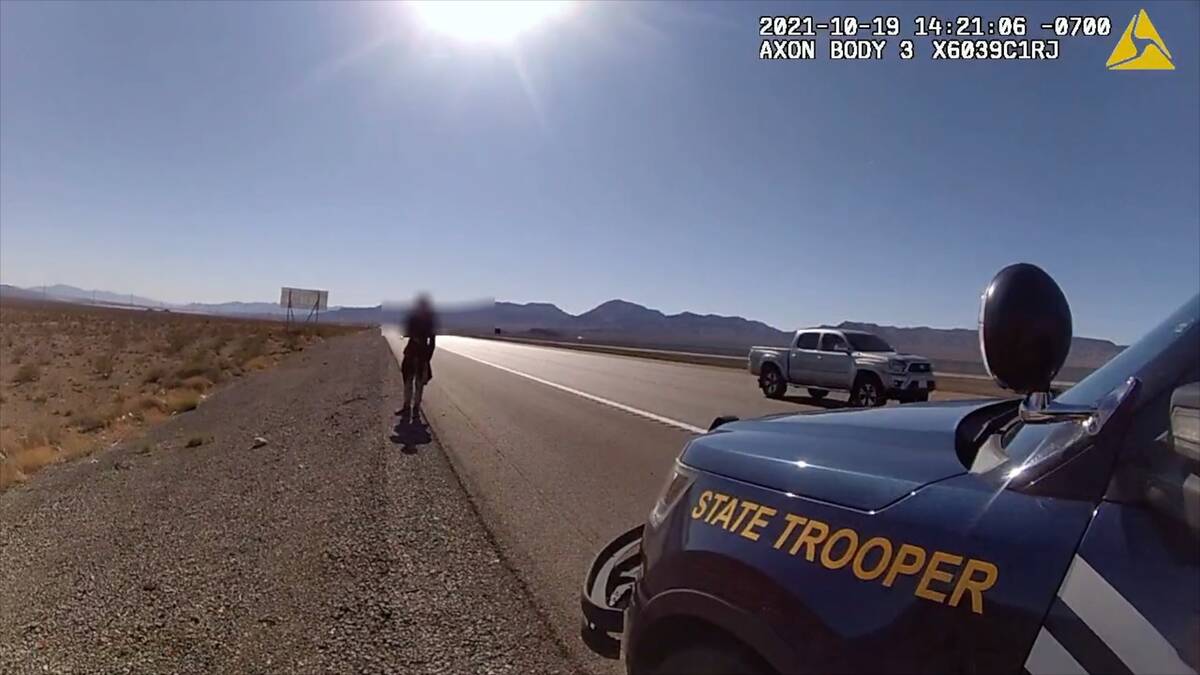 Conner Jack Oswalt, 17, is confronted by Nevada State Police on Interstate 15 near Goodsprings ...