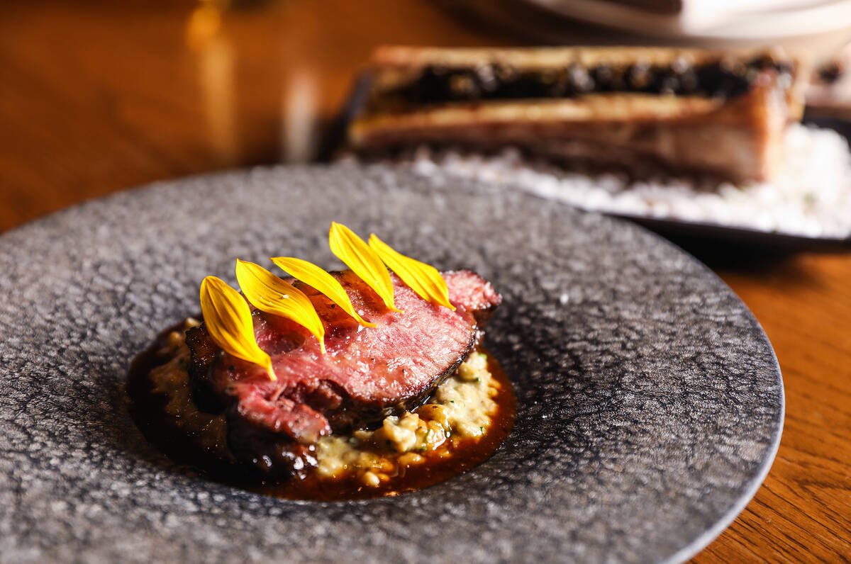 The osso buco, a bone marrow, beef cheek, sunflower seed risotto and gremolata dish from Harves ...