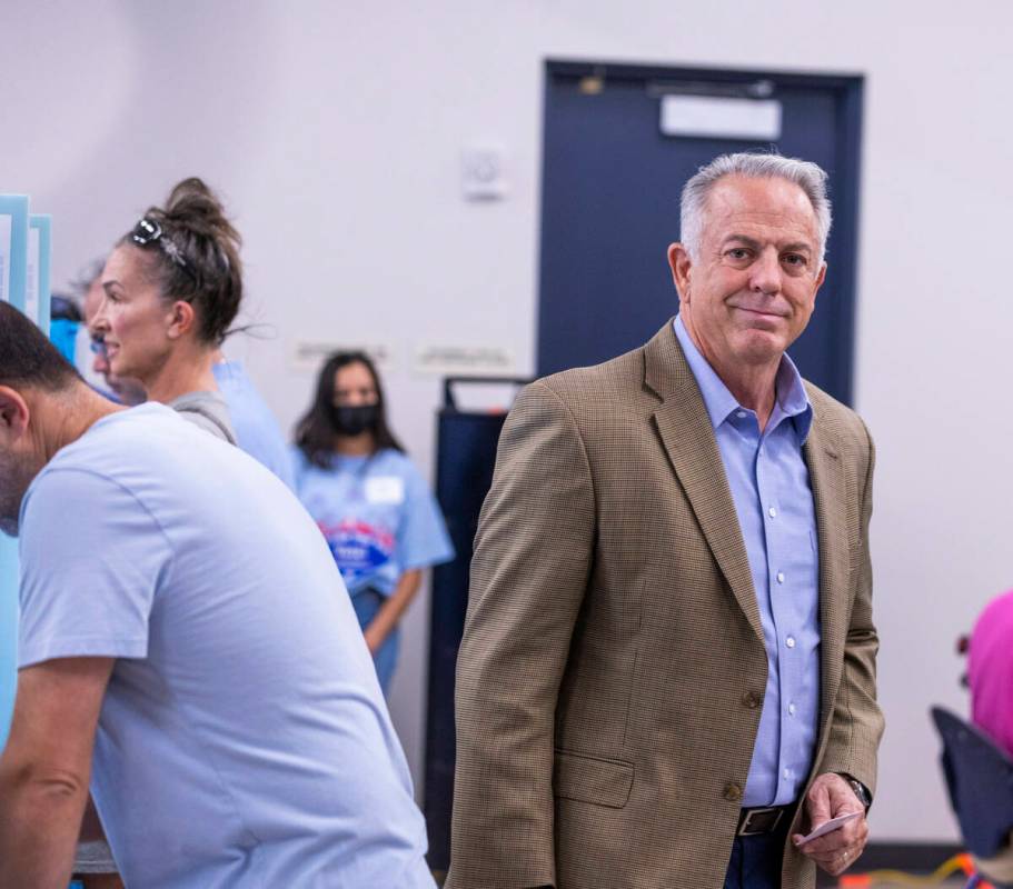 Sheriff Joe Lombardo finishes voting during the Nevada primary election at Veterans Memorial Le ...