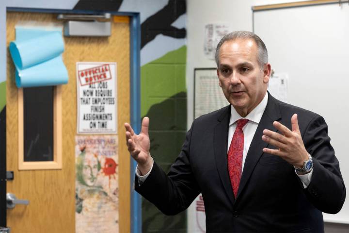 Clark County School District Superintendent Jesus Jara speaks to a class at Foothill High Schoo ...