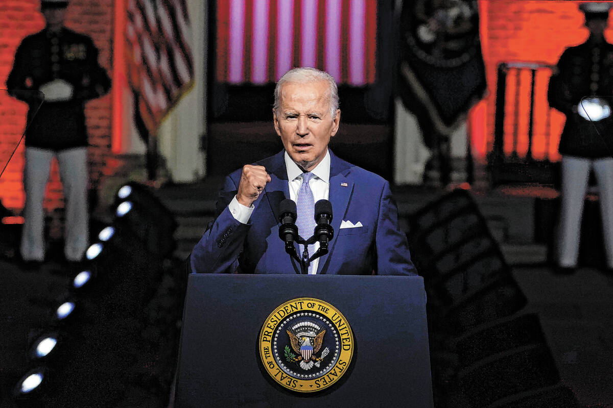 President Joe Biden speaks outside Independence Hall, Thursday, Sept. 1, 2022, in Philadelphia. ...