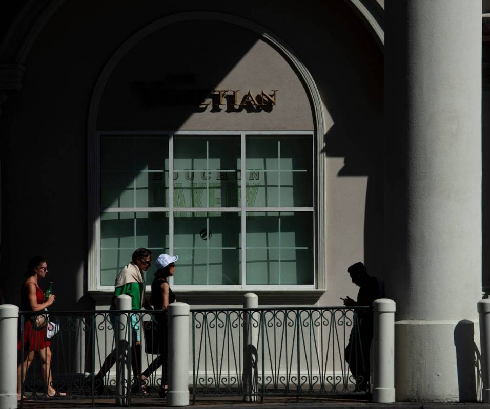 Pedestrians walk the Strip on Labor Day, Monday, Sept. 5, 2022, in Las Vegas. (Steel Brooks/Las ...