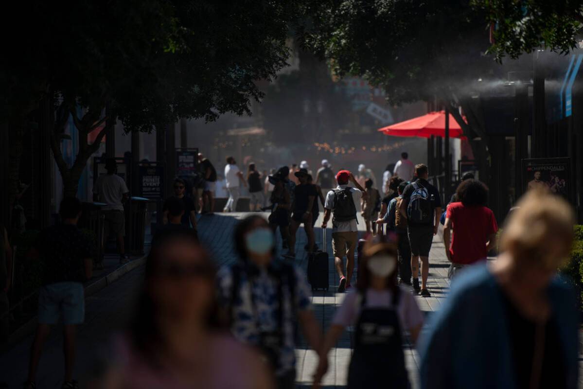 Pedestrians walk The Linq Promenade on Labor Day, Monday, Sept. 5, 2022, in Las Vegas. (Steel B ...