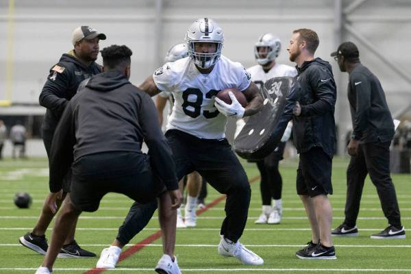 Raiders tight end Darren Waller (83) works through a drill during practice at the Intermountain ...